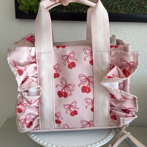 Betsey Johnson Pink Cherry Print Tote with Red Pom Charm - Picture 2 of 5